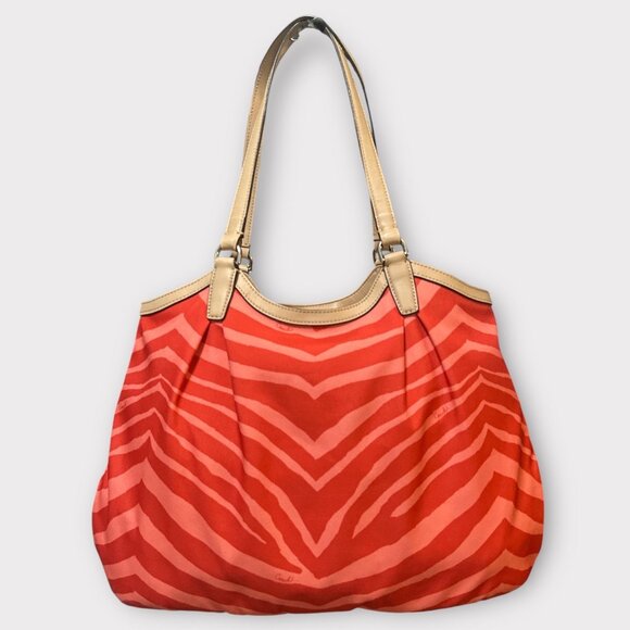 Coach Devin Shoulder Bag F24022 Orange Animal Print Canvas Tan Leather Tote - Picture 3 of 7
